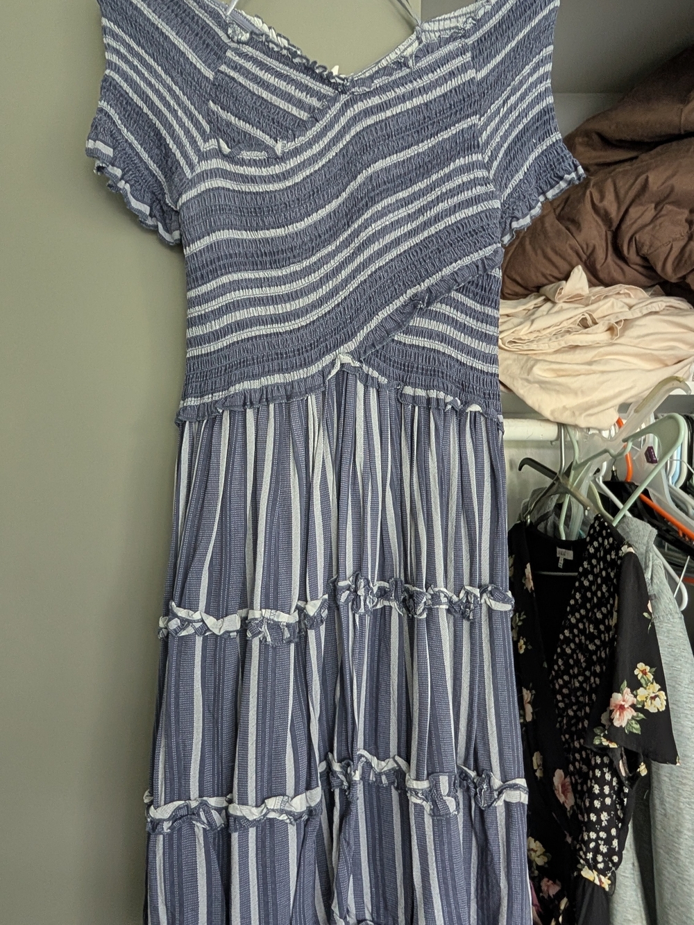 Japna Blue and White Striped Smocked Midi Dress